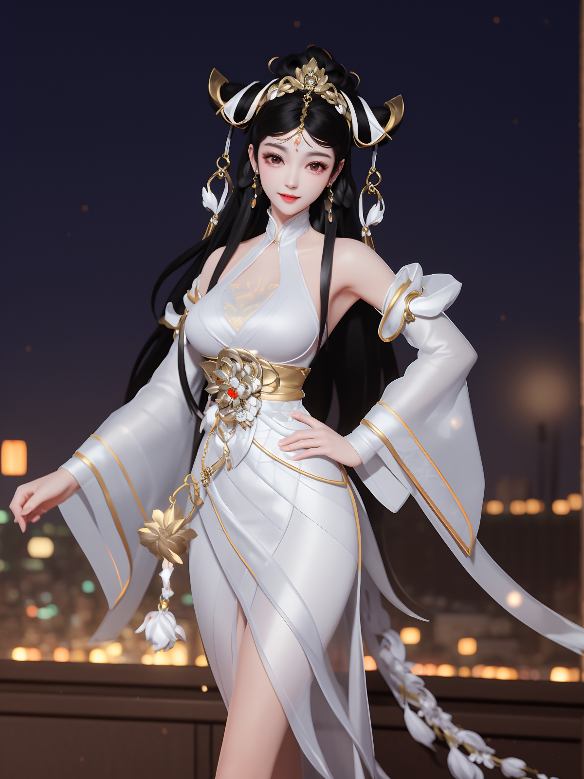 00240-3769339791-WZRYdaqiaoBS, 1girl, black hair, solo, long hair, white dress, detached sleeves, hair ornament, jewelry, earrings, looking at vi.png